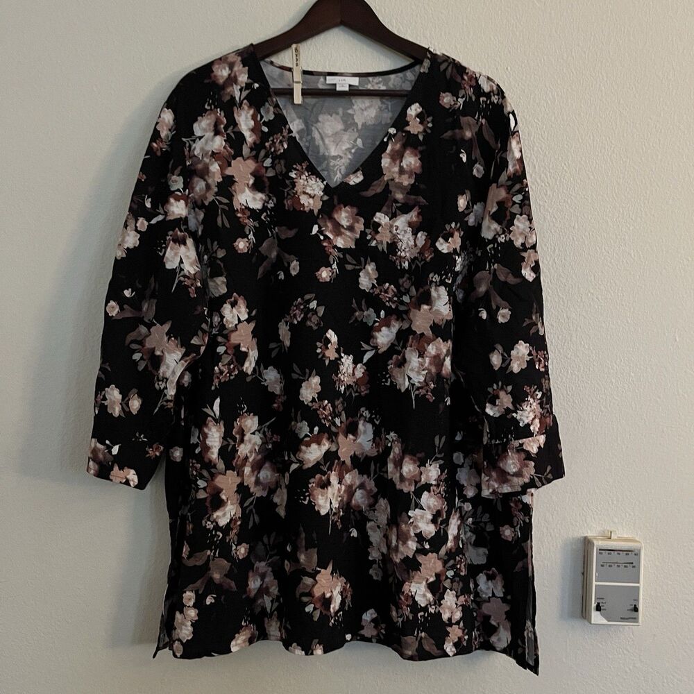 J. Jill 3/4 Sleeve SZ 2X Floral Black V Neck Women's Top Blouse Shirt